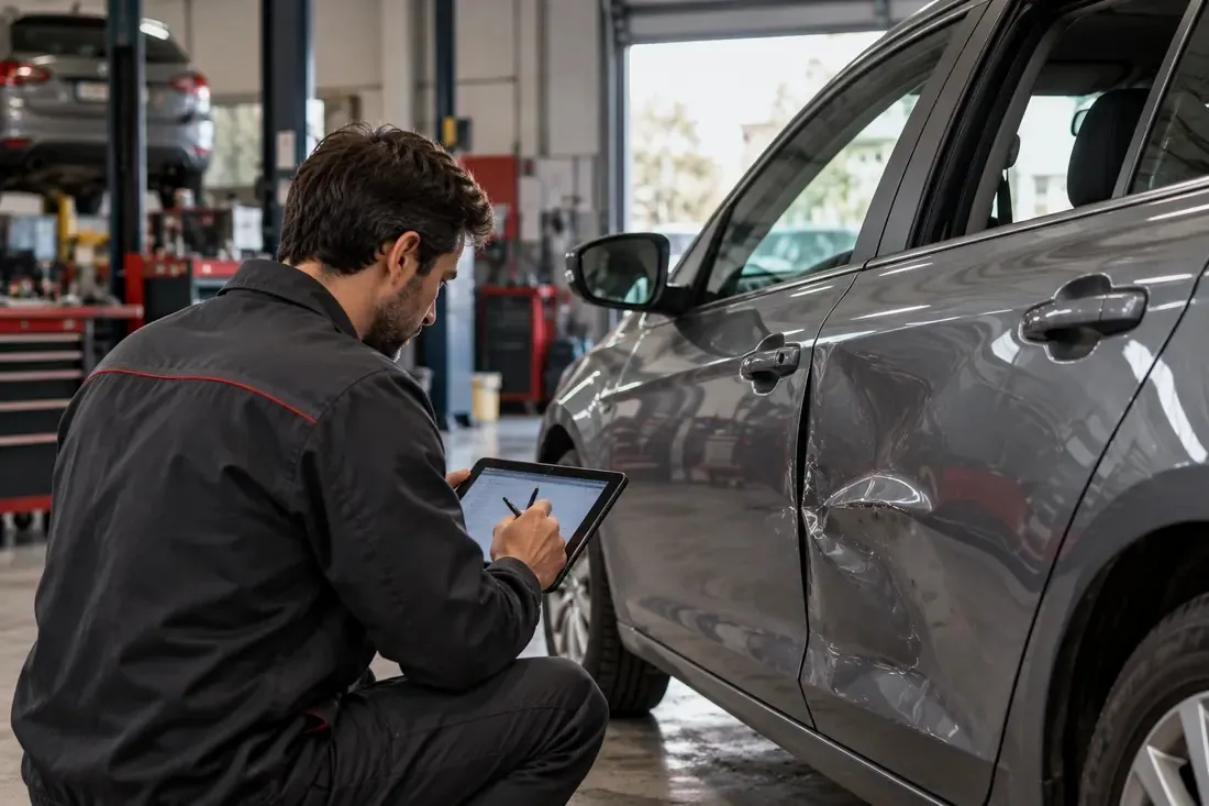 Perito revisando la puerta abollada de un auto en un taller