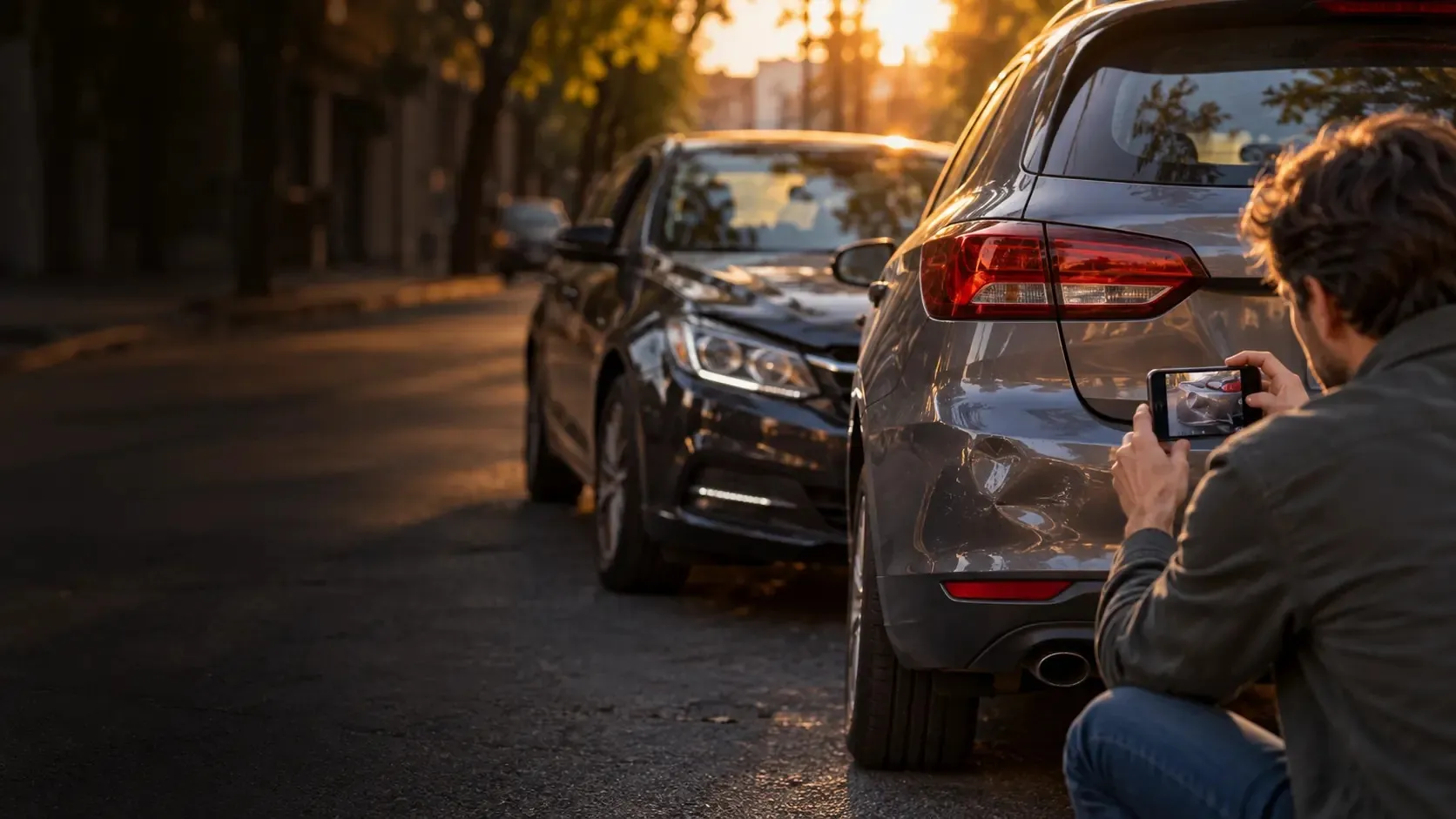 Persona fotografiando con el celular el paragolpes abollado de su auto después de un choque