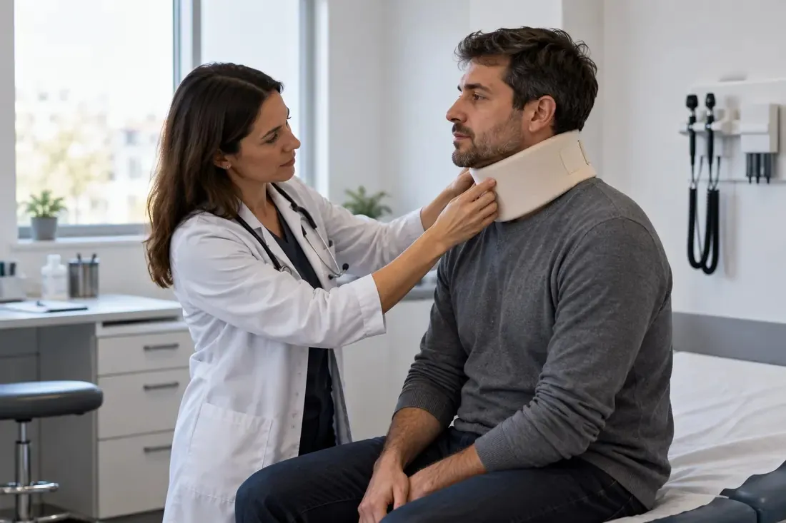 Médica revisando a un paciente con cuello ortopédico