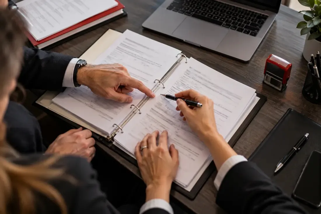 Dos profesionales revisando la carpeta de un reclamo sobre un escritorio